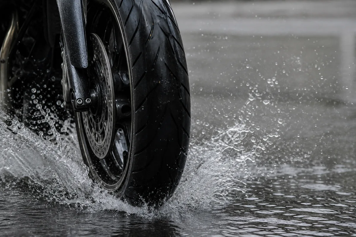 Roue avant de moto traversant une flaque sur une route mouillée