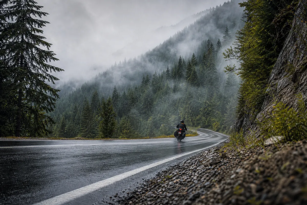 Moto de dos roulant sur une route de montagne détrempée entre les arbres
