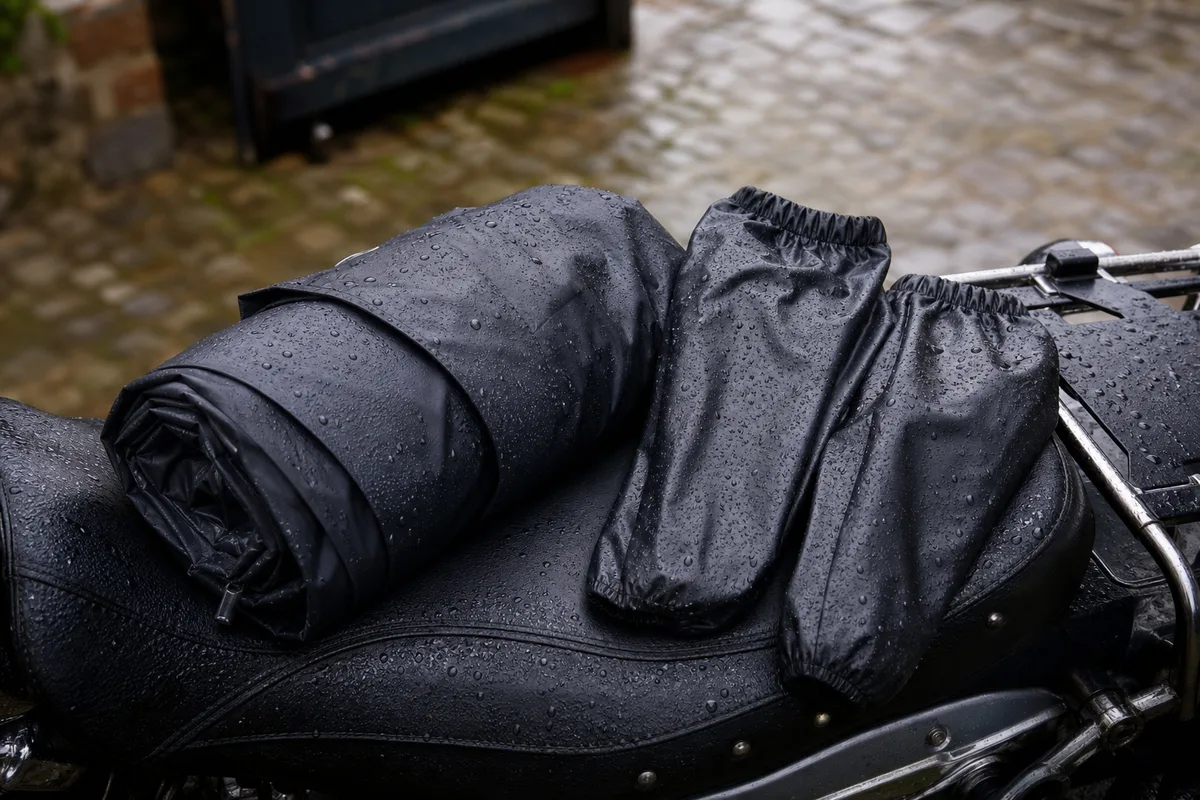 Combinaison de pluie et sur-gants étanches posés sur une selle de moto humide