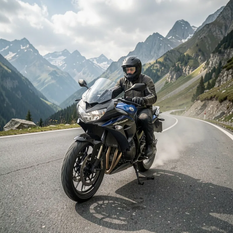 Motard sur route de montagne au lever du jour, casque et veste de protection